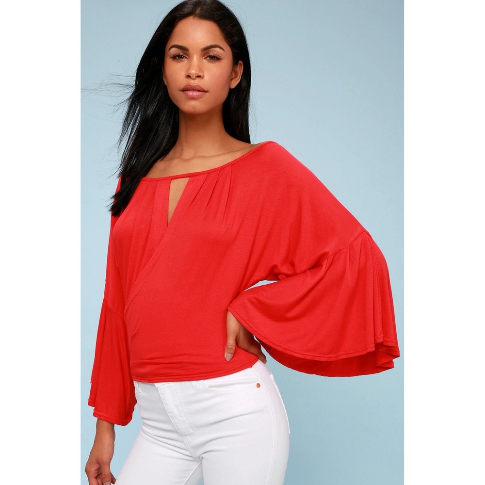 Free People Last Time Red Bell Sleeve Surplice Crop Top Women's SP Small Petite